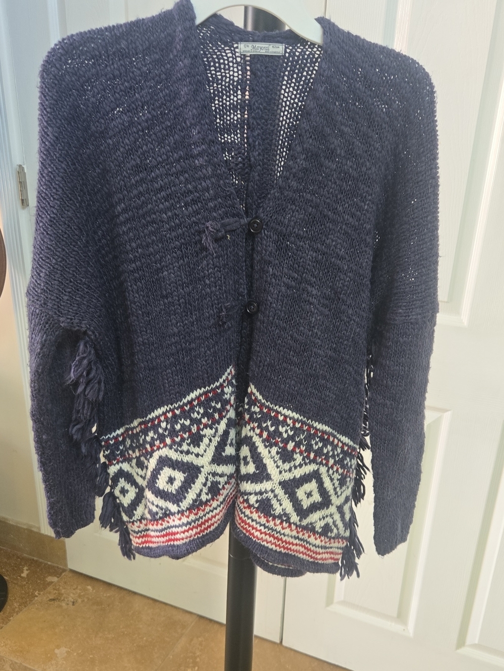 Mayoral Navy Knit Cardigan with Geometric Border and Fringe